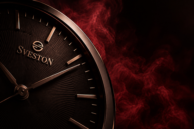 Close-up of a dark bronze Sveston watch dial surrounded by burgundy smoke